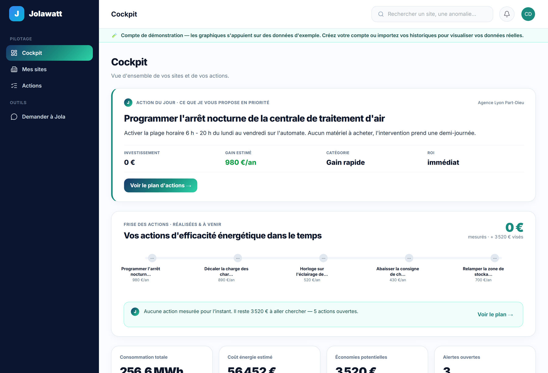 Le tableau de bord JOLAWATT : consommation, postes de gaspillage et actions prioritaires